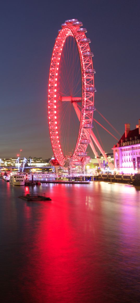 ferris wheel, glow, water, red, dark