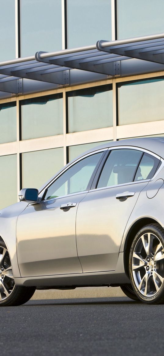 acura, tl, 2008, silver metallic, side view, style, cars, buildings, asphalt