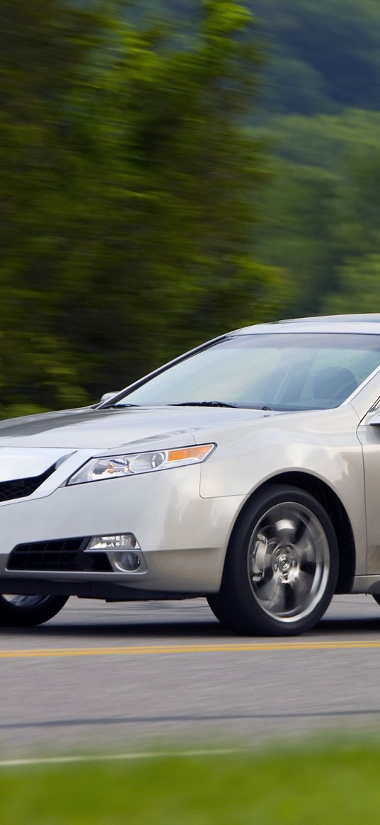 acura, tl, 2008, white metallic, side view, style, cars, speed, nature, trees, grass, asphalt