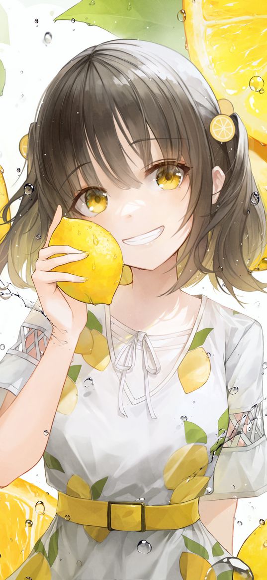 girl, smile, lemons, lemonade, drops, yellow, anime