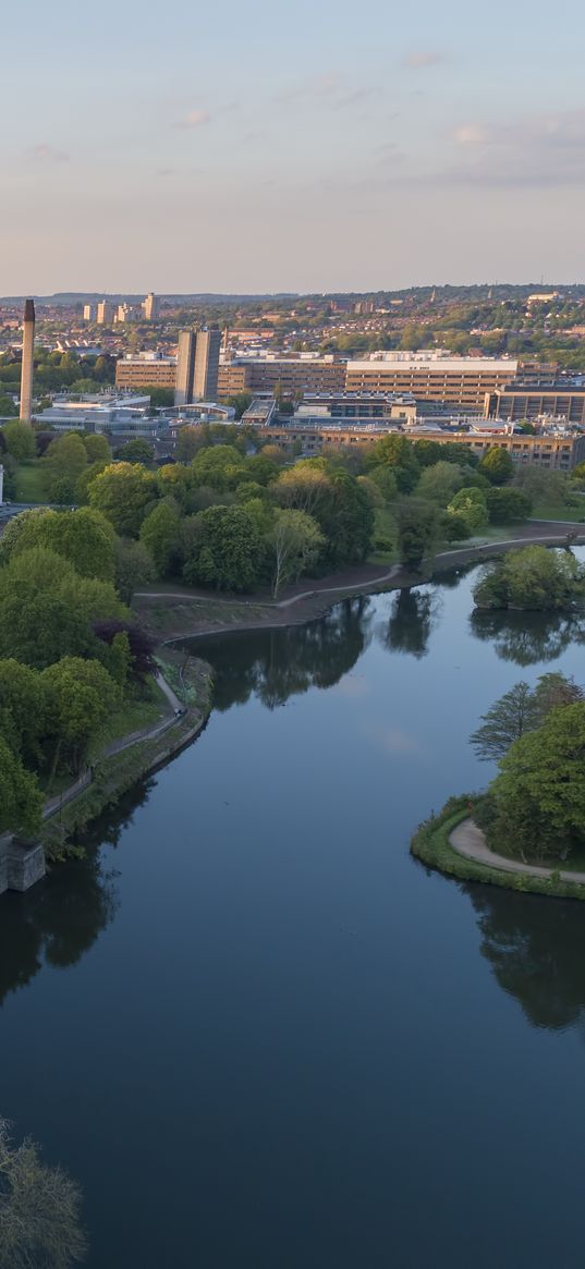 city, river, buildings, aerial view, overview