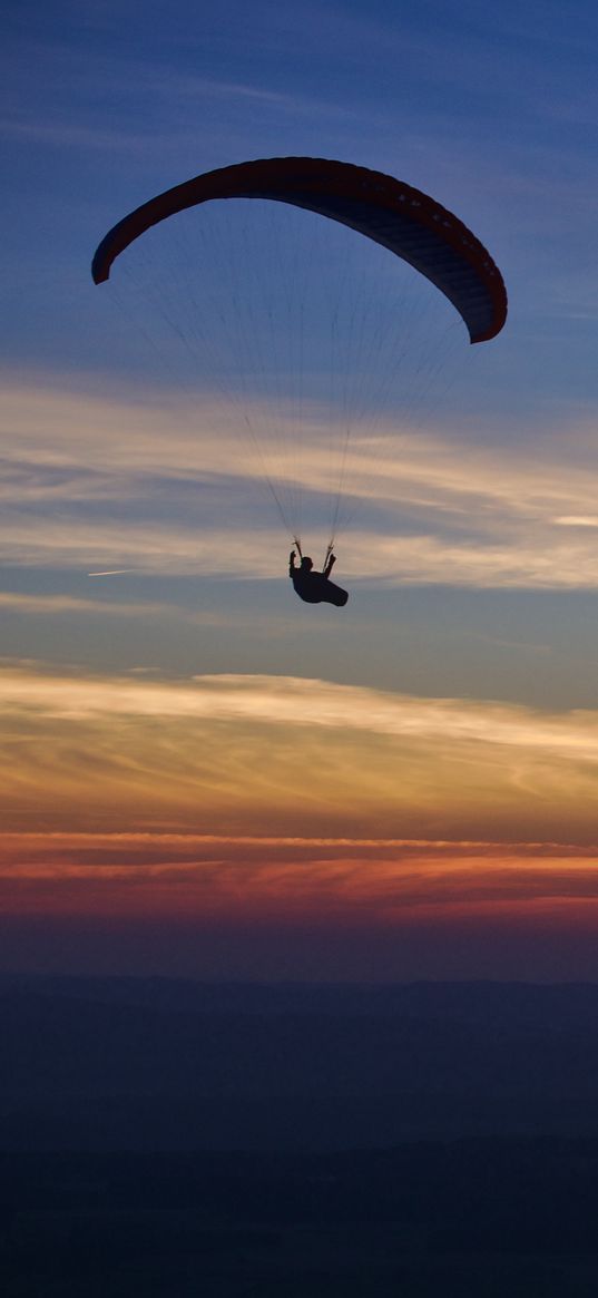 parachutist, parachute, silhouette, sunset, sky, dark