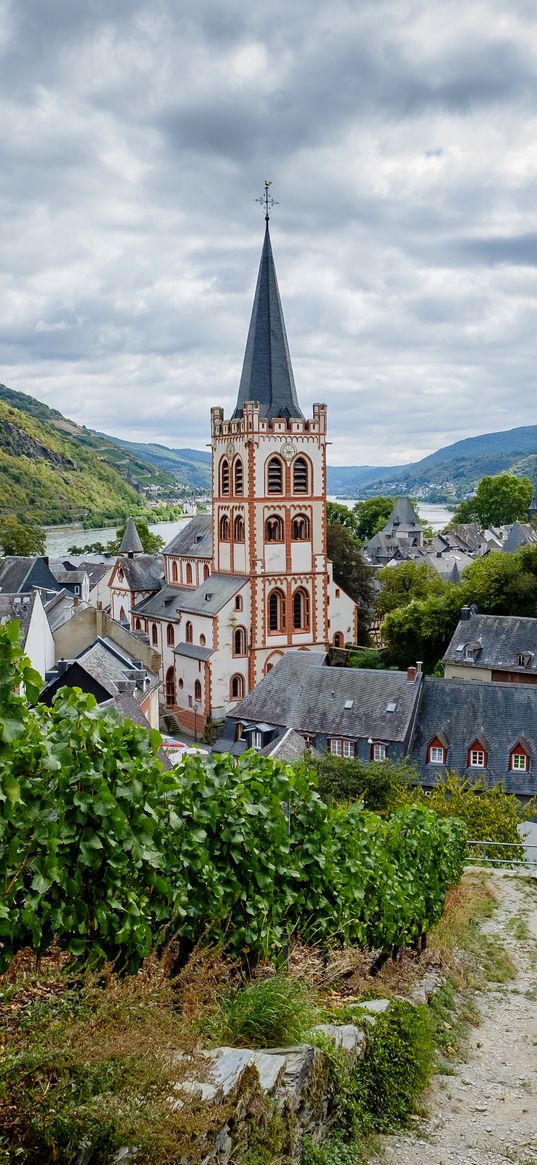 church, buildings, village, mountains, landscape