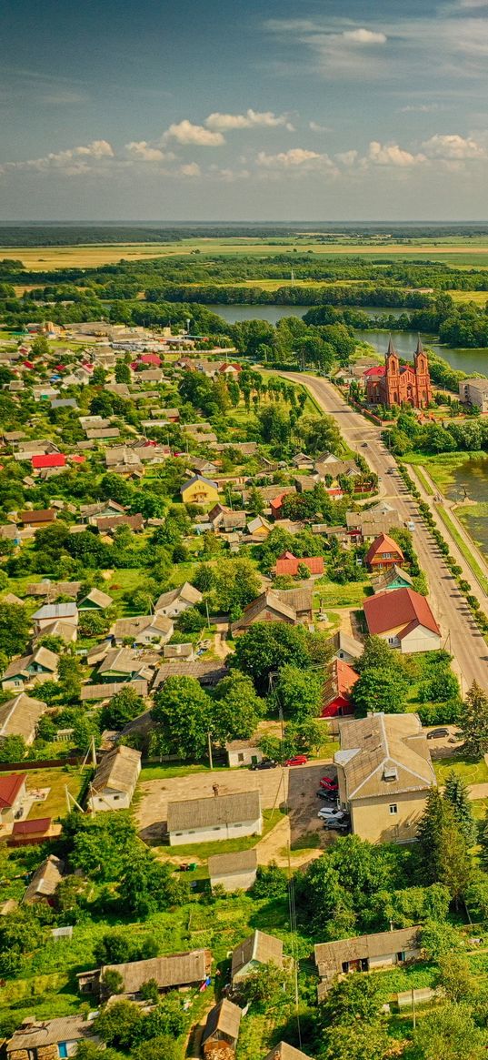 village, river, aerial view, overview