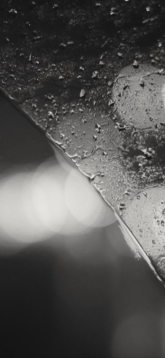 glass, broken, drops, bokeh, blur, black and white