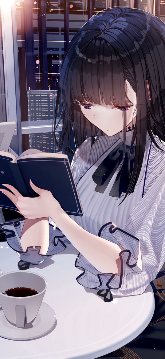 girl, book, coffee, restaurant, anime