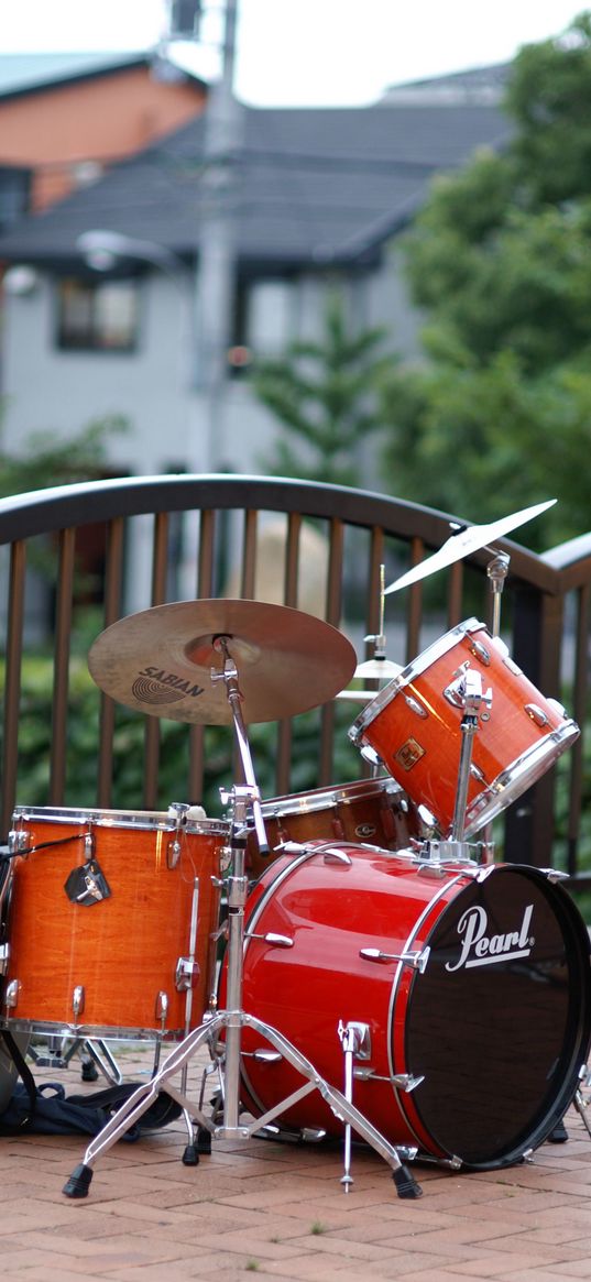 drum kit, drums, musical instrument, music, red, brown