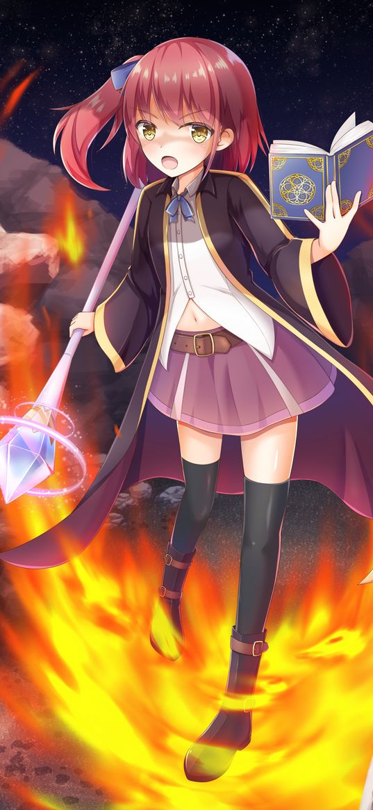 witch, book, spear, fire, anime, art