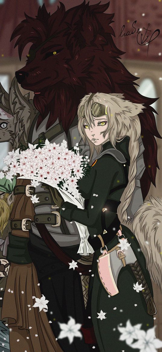 dog girl, girl, flowers, werewolf, anime, art