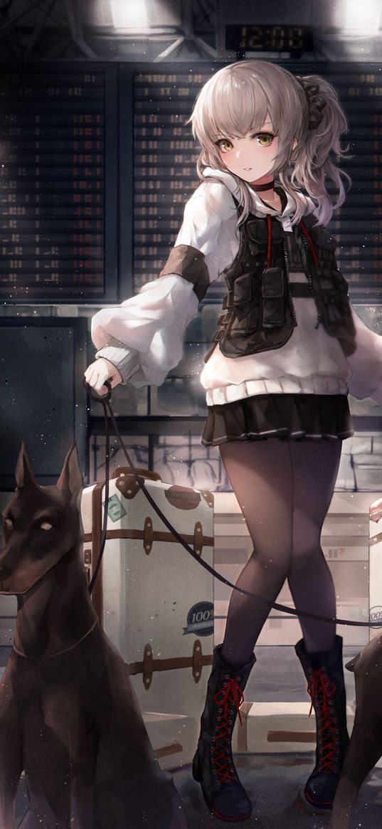 girl, dog, airport, security, anime