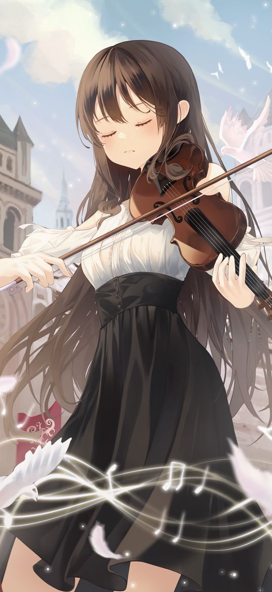 girl, violin, music, anime