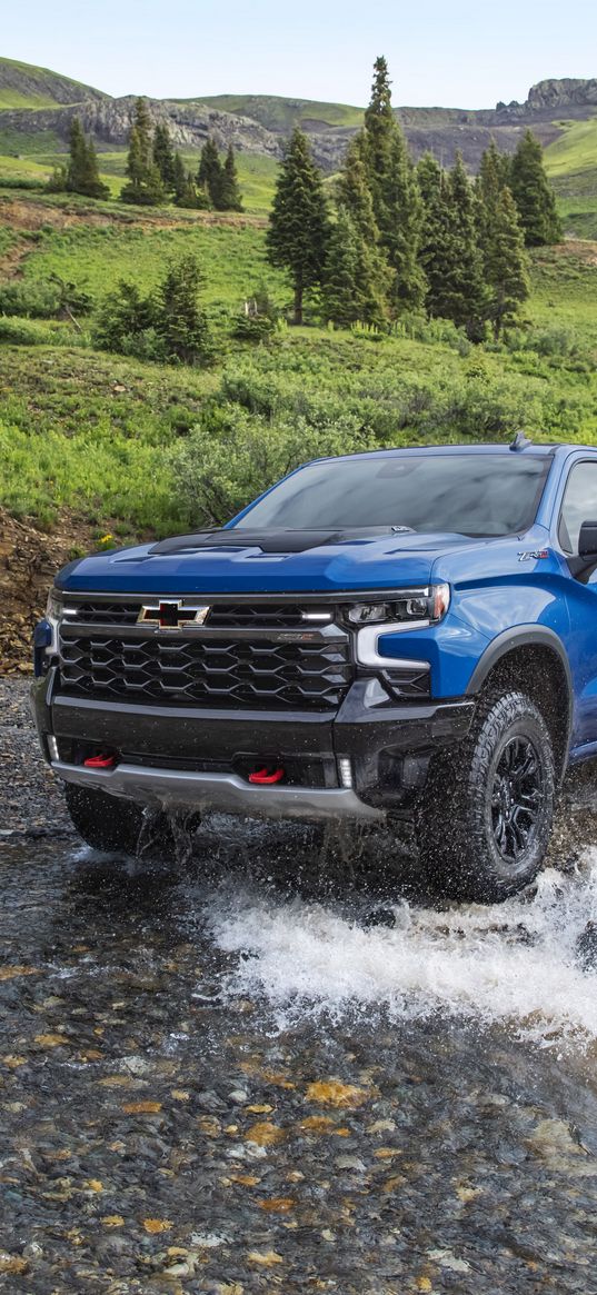 chevrolet, car, suv, blue, river