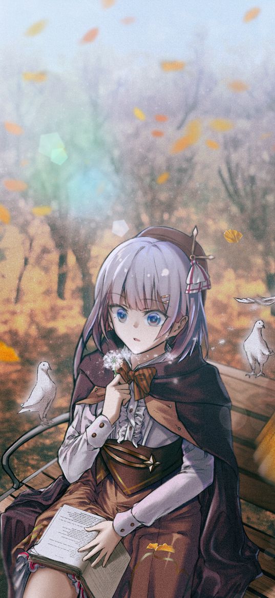 girl, beret, pigeons, autumn, anime, art, cartoon