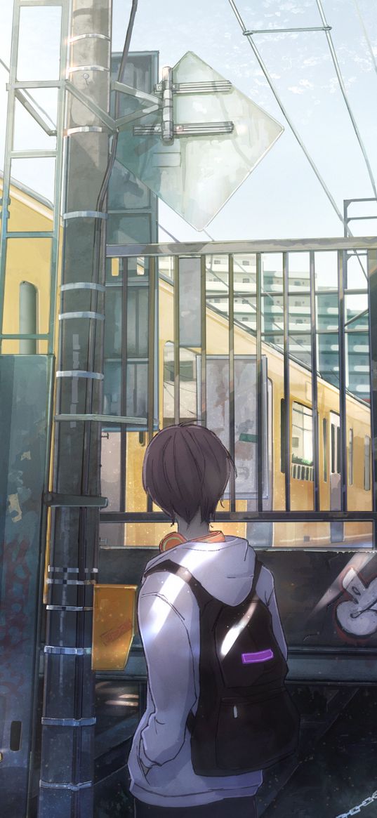 guy, backpack, railroad, train, anime