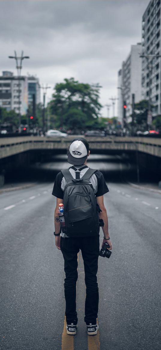 guy, road, city, view