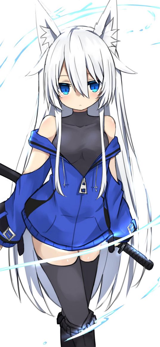 neko, glance, sword, anime, art, blue