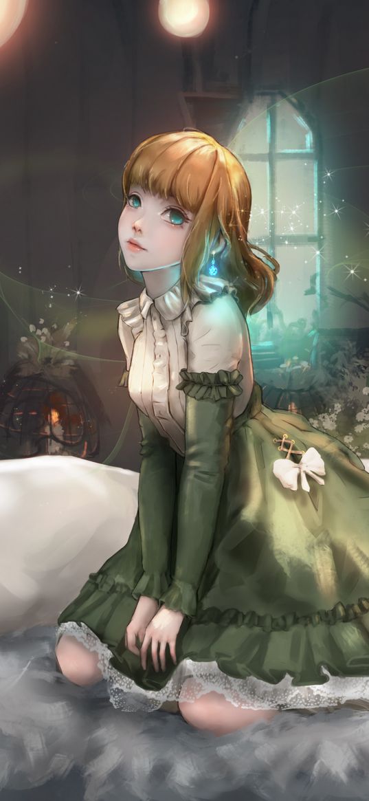 girl, dress, pose, anime, art, green