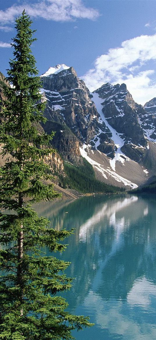 fir-trees, lake, mountains, national park, bends, sun, day