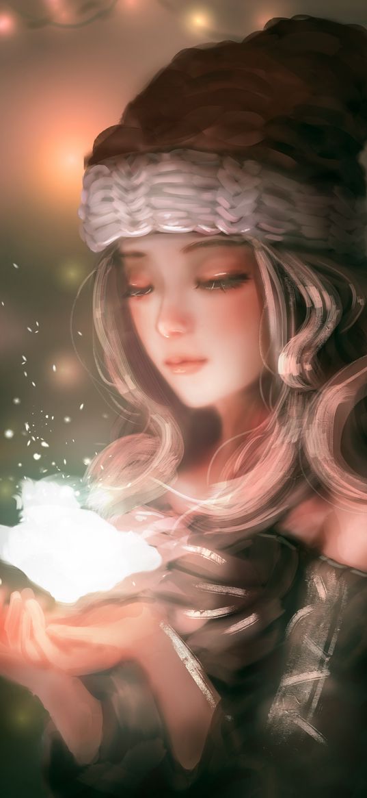 girl, hat, glow, sparks, anime