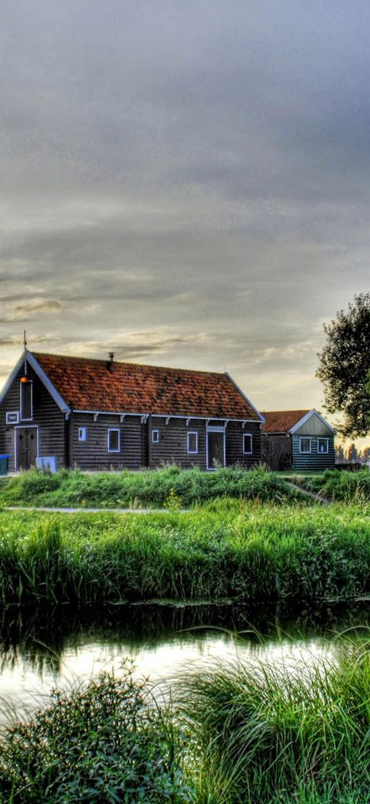 village, farm, mill, river, grass, structures, houses