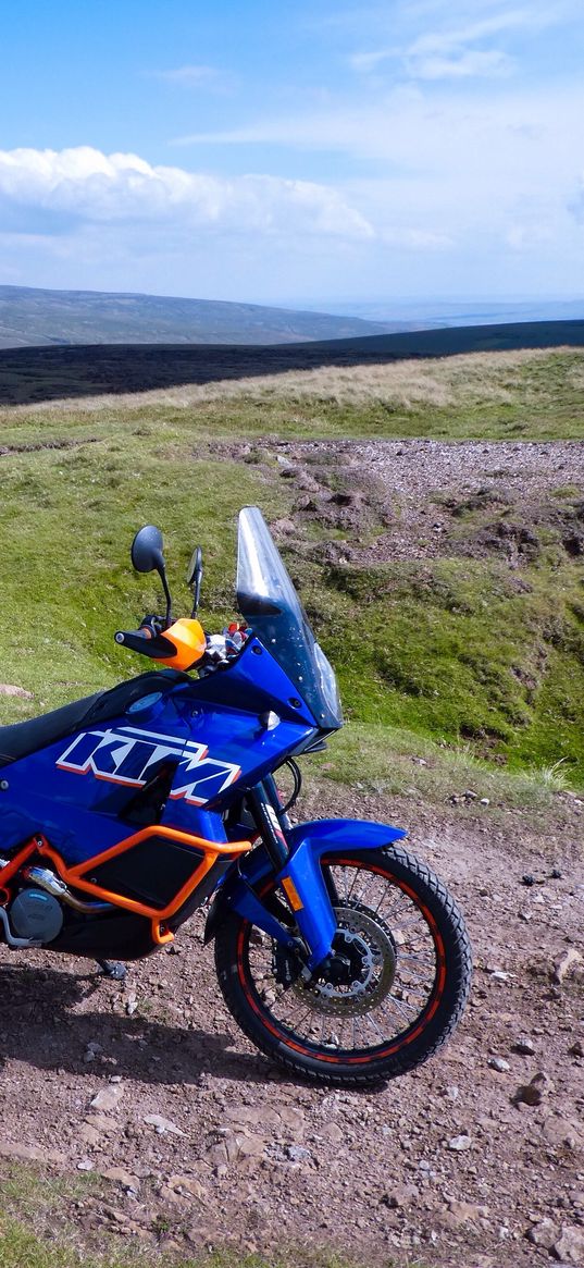 ktm, motorcycle, bike, blue, hills