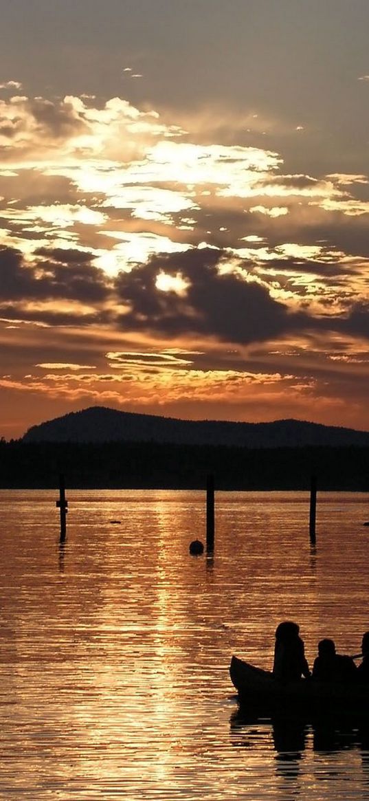 decline, evening, sun, horizon, boat, outlines, silhouettes, orange