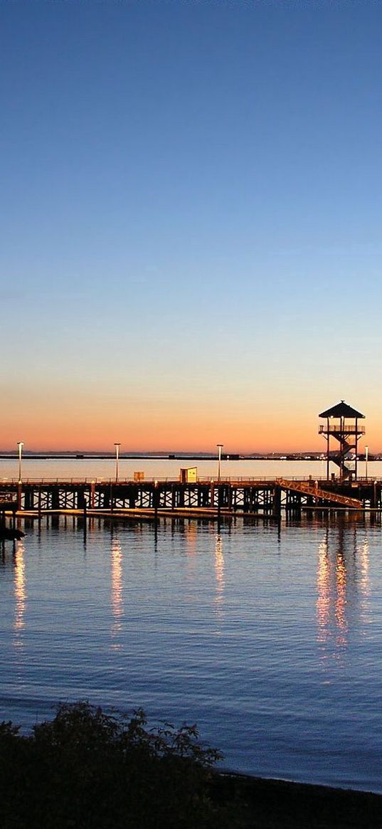 pier, sea, evening, decline, fires, coast, horizon