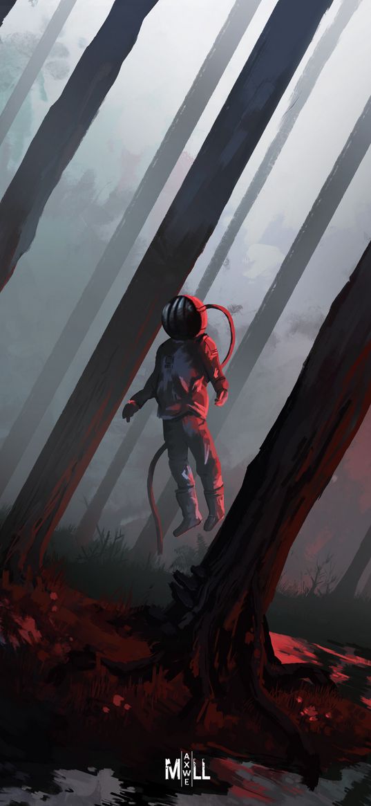 astronaut, spacesuit, flight, trees, forest, fantasy, art