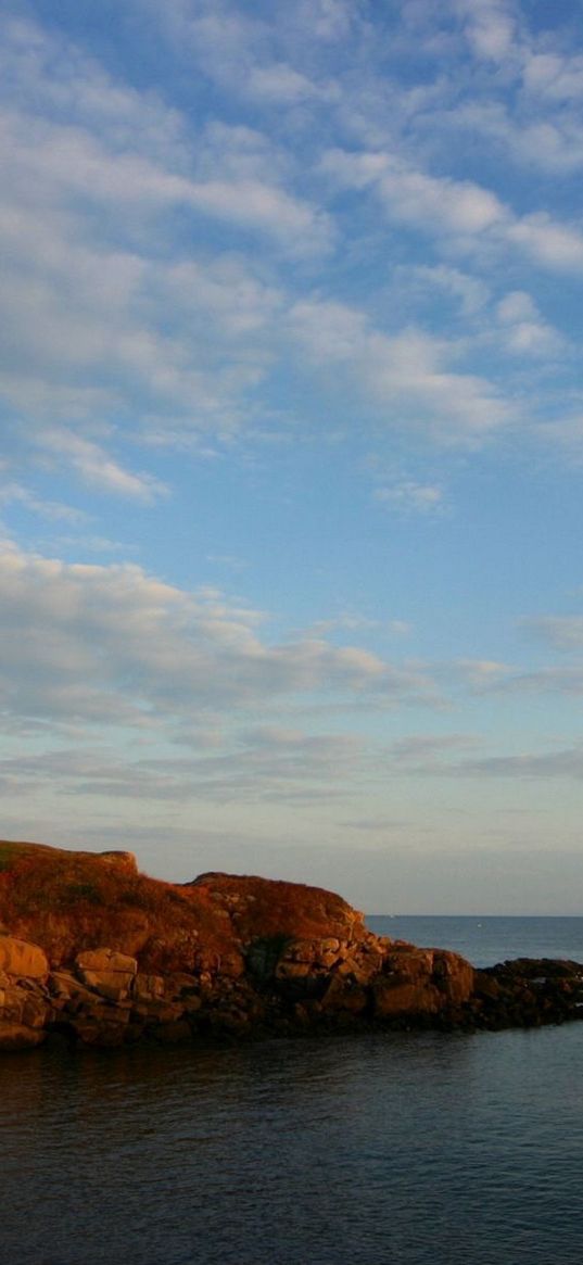 beacon, island, rocks, sea, clouds, calm