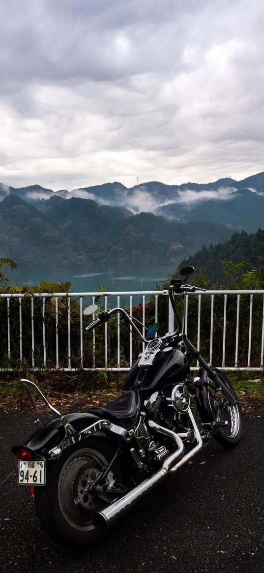 harley-davidson, motorcycle, bike, black, parking, mountains