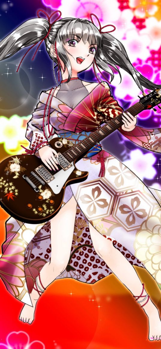 girl, kimono, electric guitar, guitar, anime