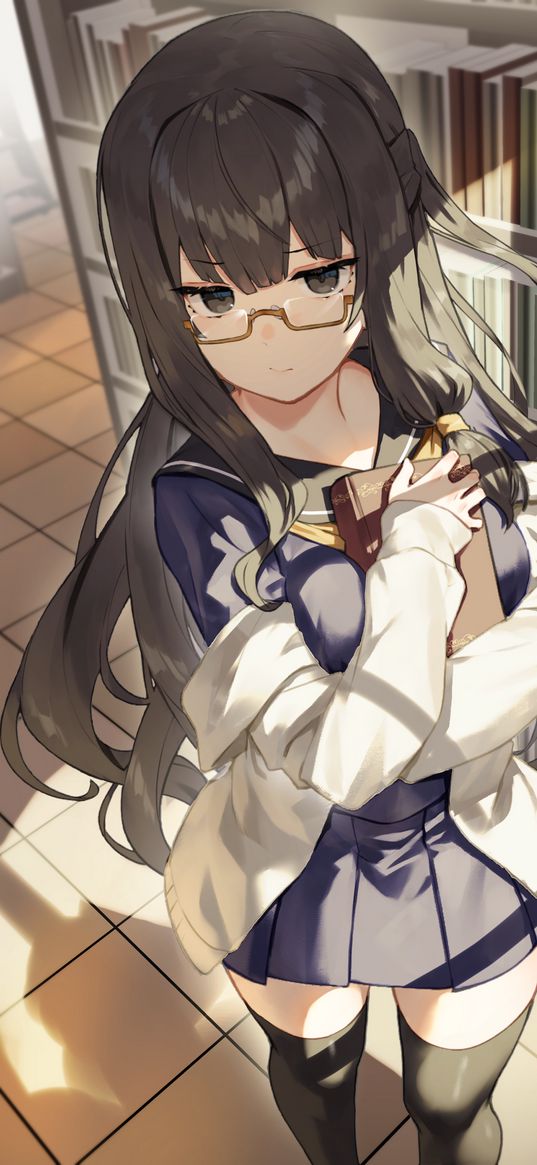 girl, glasses, library, anime