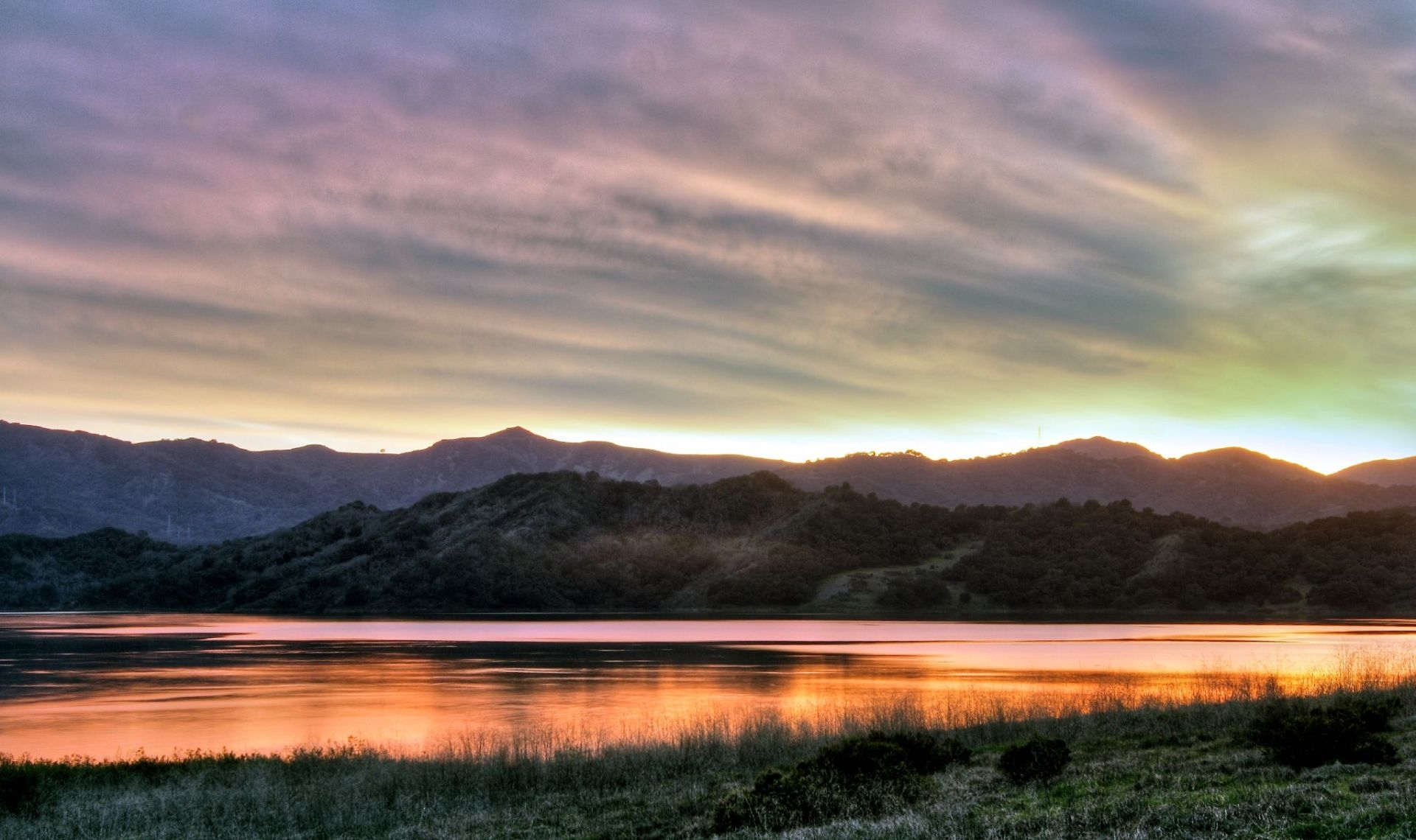 mountains, horizon, sky, water smooth surface, sunlight, lines