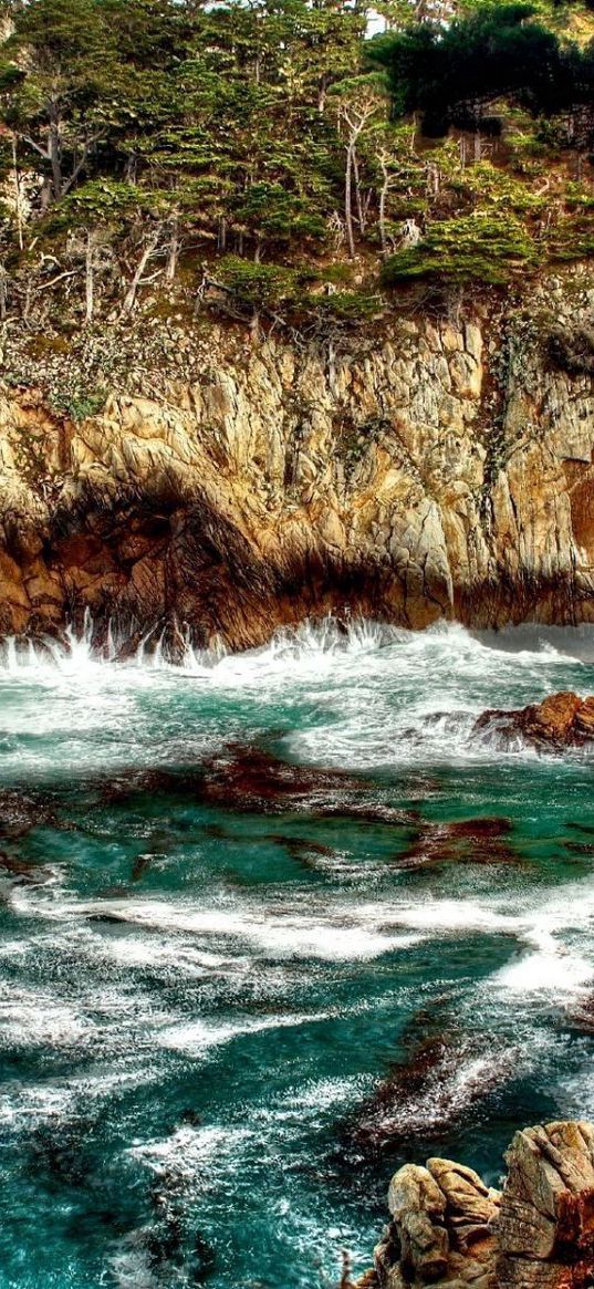 mountain, rock, bottom, sea, water, wave, greens, vegetation