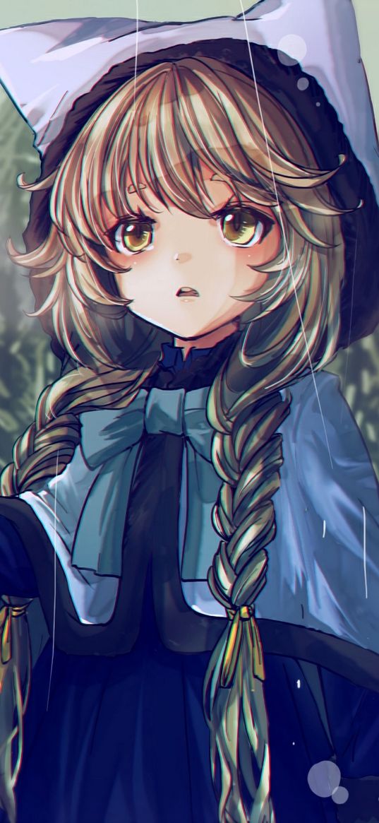 girl, hood, braids, rain, winter, anime