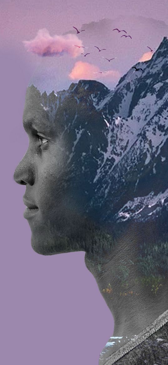 double exposure, man, face, mountains, silhouette, purple background, art