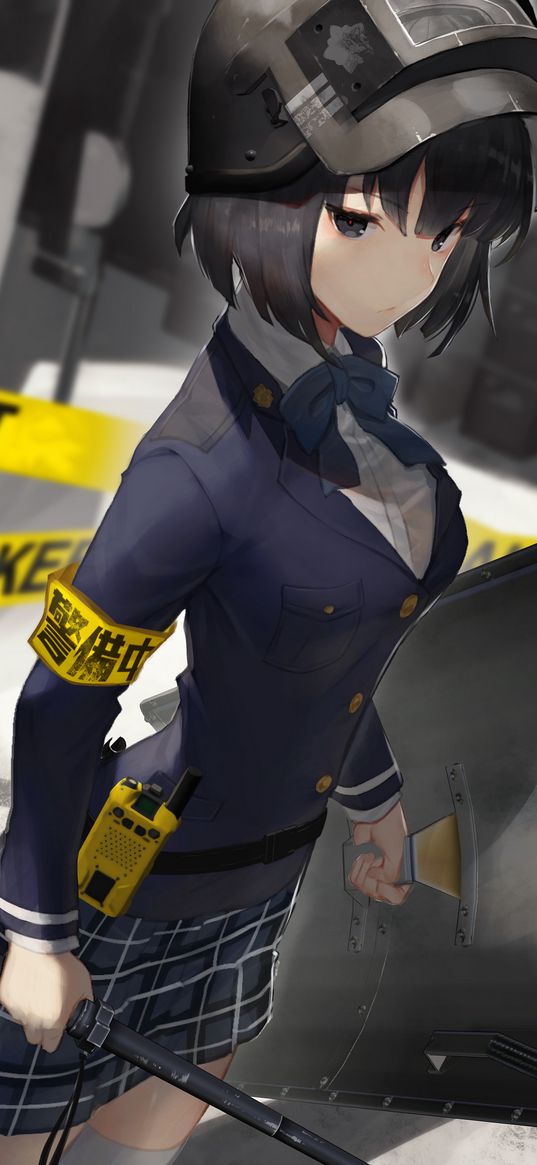 girl, uniform, helmet, police, anime, art