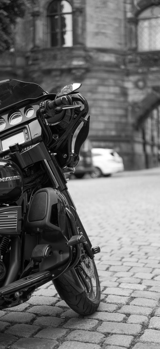 harley-davidson, motorcycle, bike, black, road, black and white