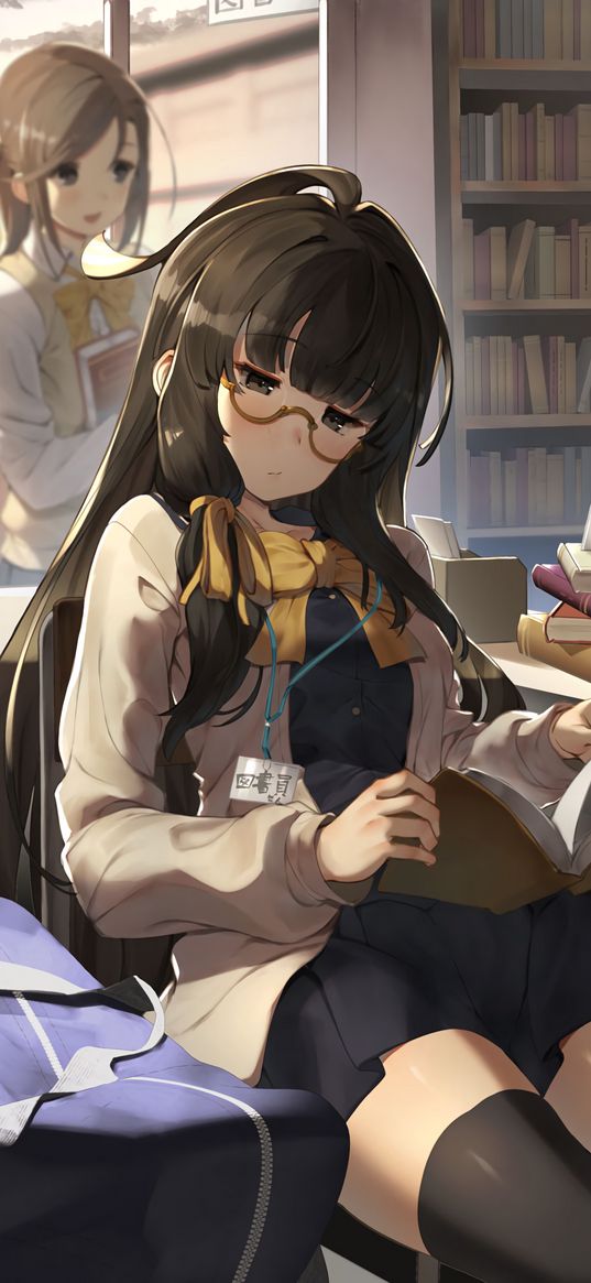 girl, glasses, book, library, reading, anime