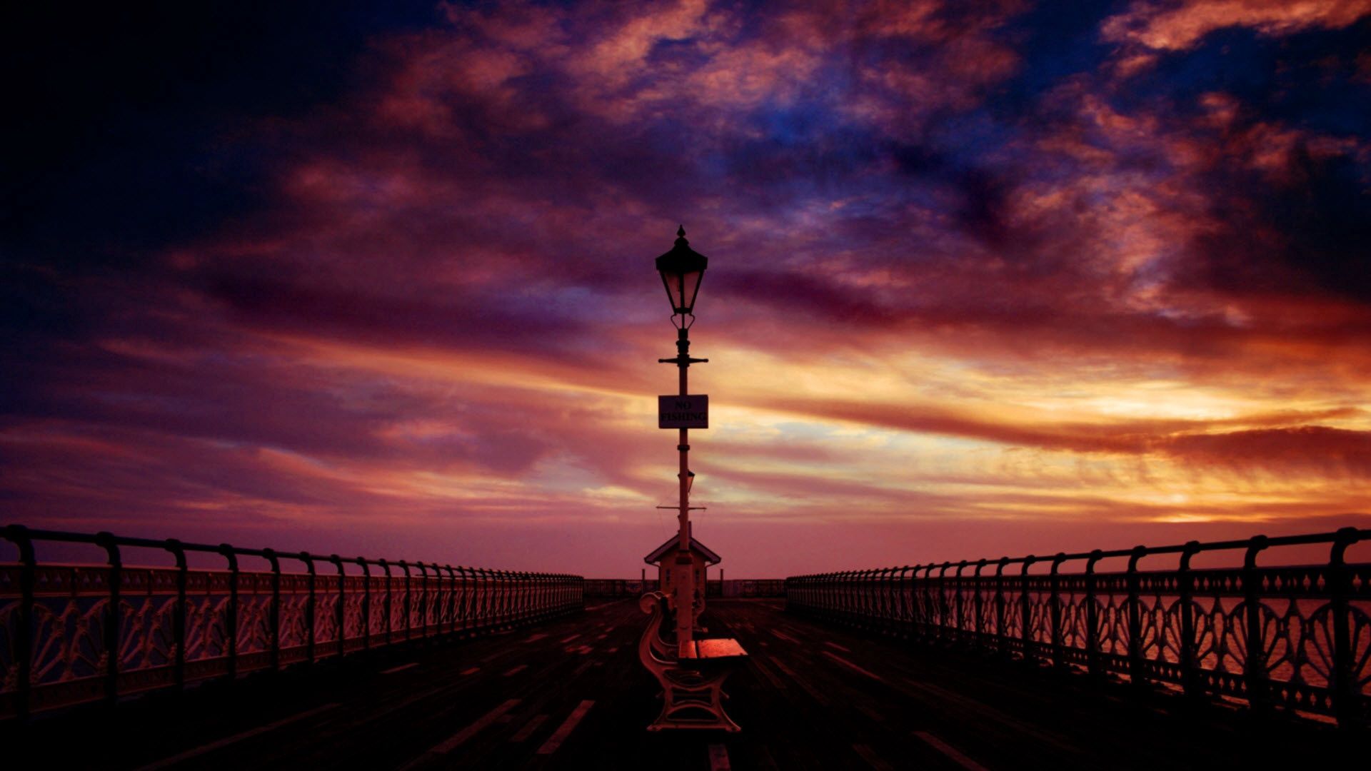 bench, pier, sea, evening, decline, sky