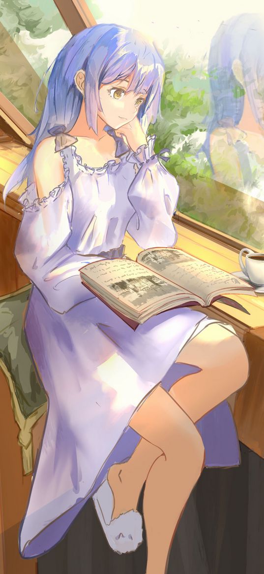 girl, dress, book, reading, anime