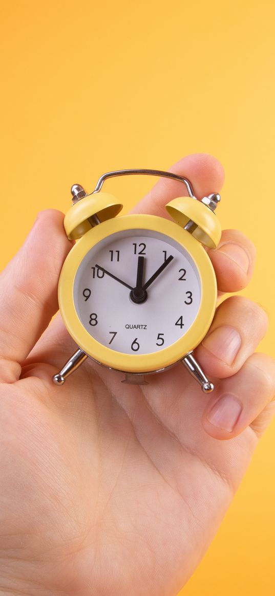 watch, alarm clock, time, hand, yellow