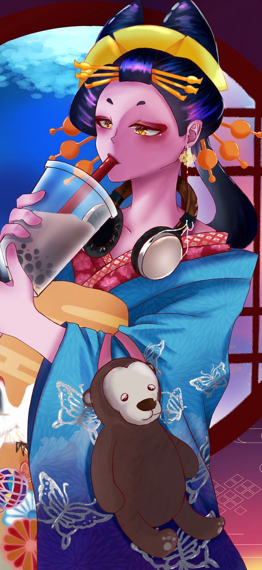 geisha, kimono, glass, cocktail, telephone, style, anime