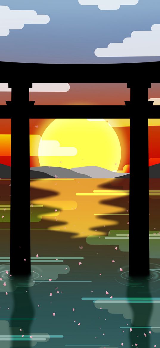 gate, silhouette, sun, water, vector, art