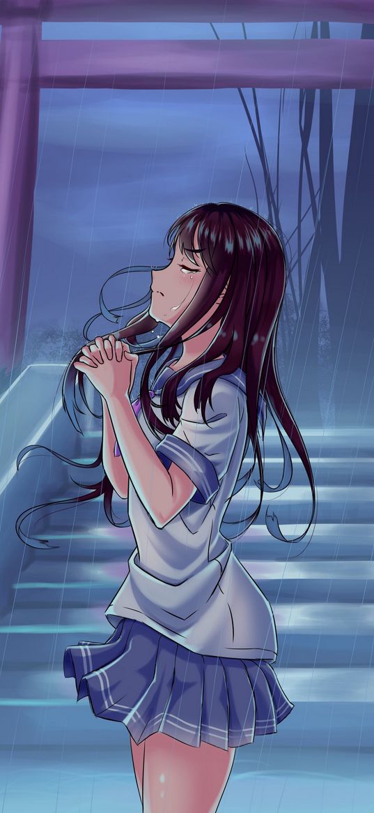 girl, alone, tears, sad, rain, prayer, anime