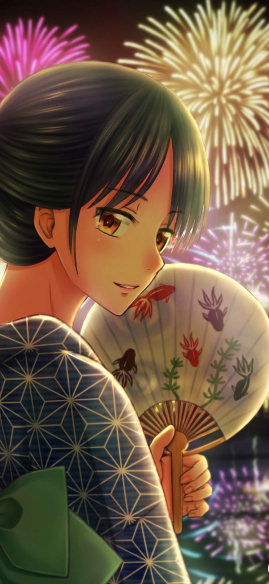 girl, kimono, fan, firework, holiday, anime