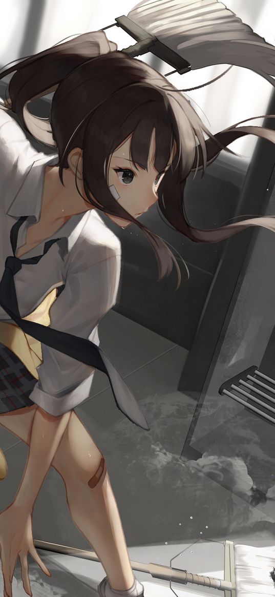 girl, uniform, glance, cleaning, anime