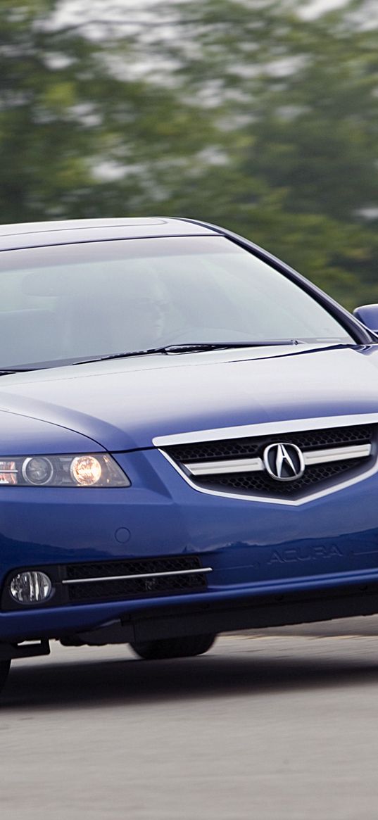 acura, tl, 2007, blue, front view, style, cars, speed, trees, grass, asphalt