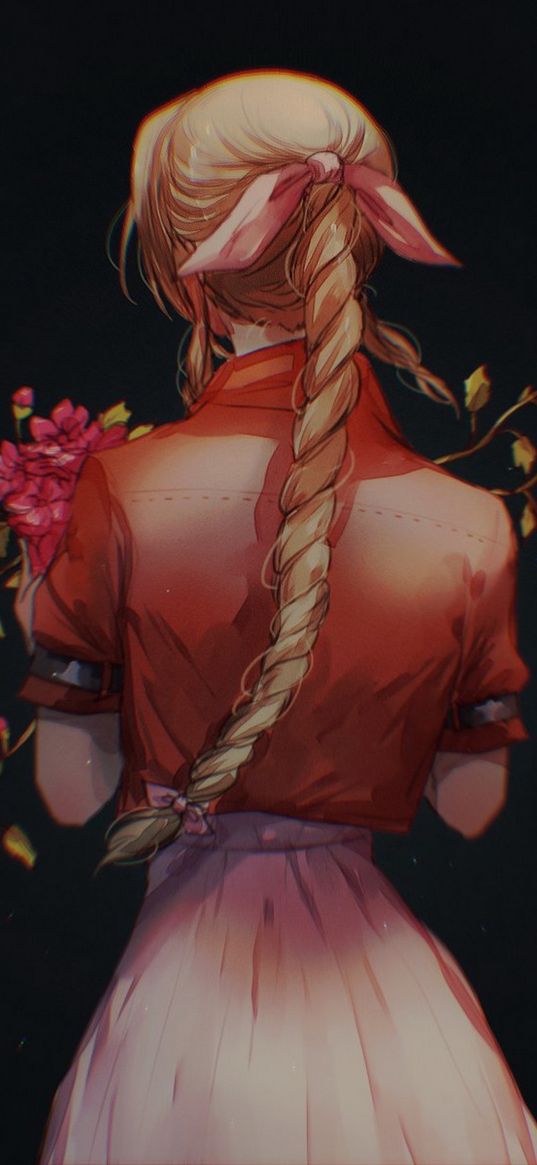 aerith gainsborough, final fantasy, girl, ponytail, skirt, blonde, red shirt, flowers