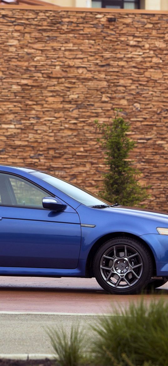 acura, tl, 2007, blue, side view, style, cars, buildings, shrubs